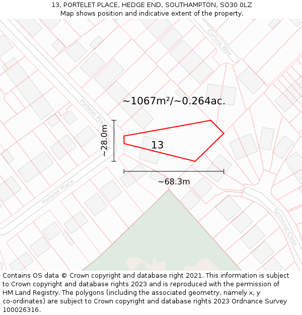 13, PORTELET PLACE, HEDGE END, SOUTHAMPTON, SO30 0LZ: Plot and title map