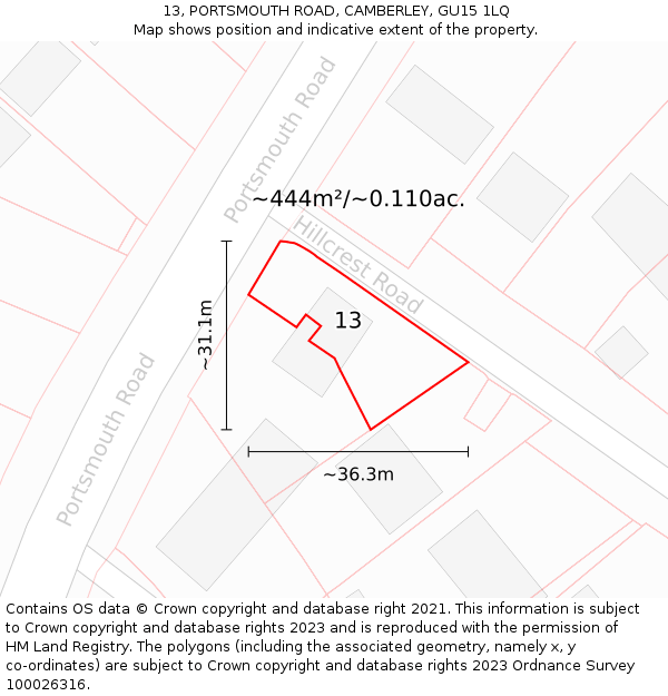 13, PORTSMOUTH ROAD, CAMBERLEY, GU15 1LQ: Plot and title map