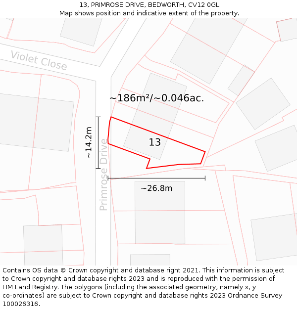 13, PRIMROSE DRIVE, BEDWORTH, CV12 0GL: Plot and title map