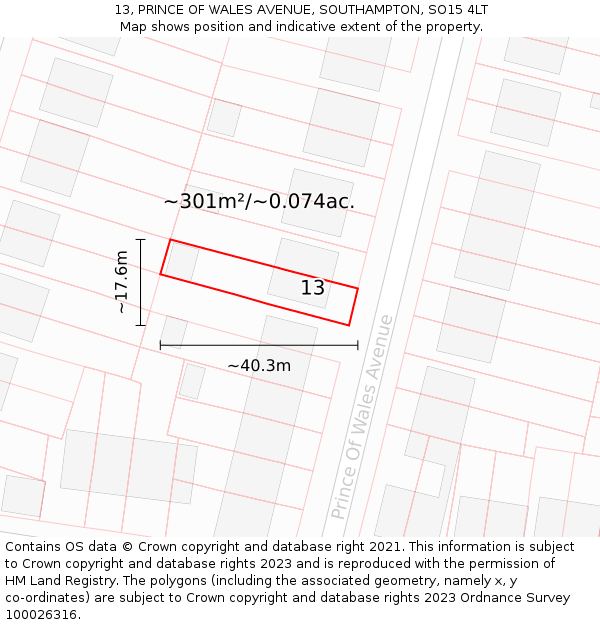 13, PRINCE OF WALES AVENUE, SOUTHAMPTON, SO15 4LT: Plot and title map