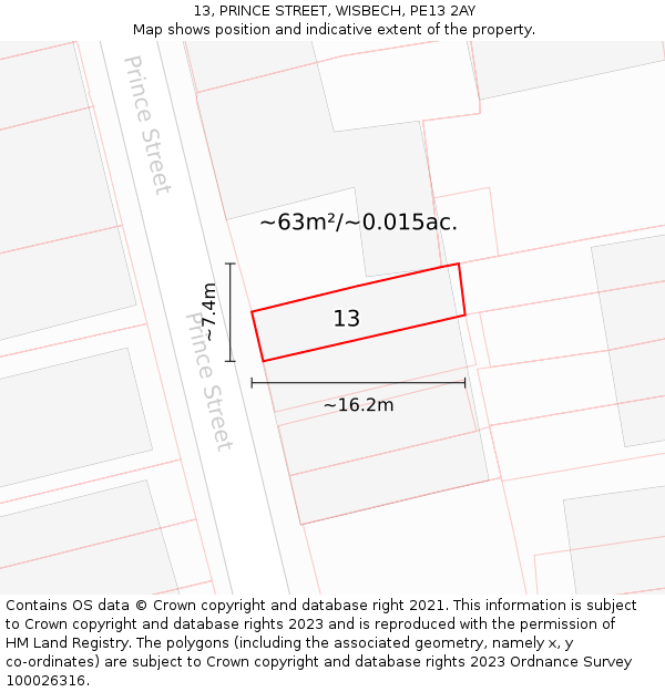 13, PRINCE STREET, WISBECH, PE13 2AY: Plot and title map