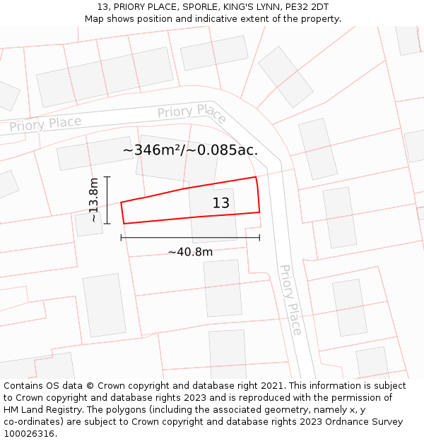 13, PRIORY PLACE, SPORLE, KING'S LYNN, PE32 2DT: Plot and title map