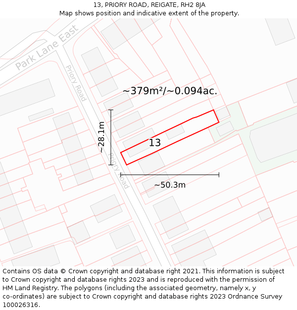 13, PRIORY ROAD, REIGATE, RH2 8JA: Plot and title map