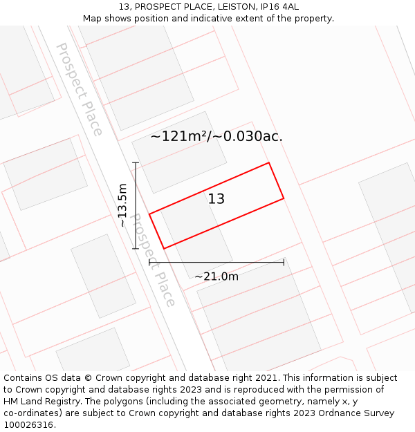 13, PROSPECT PLACE, LEISTON, IP16 4AL: Plot and title map