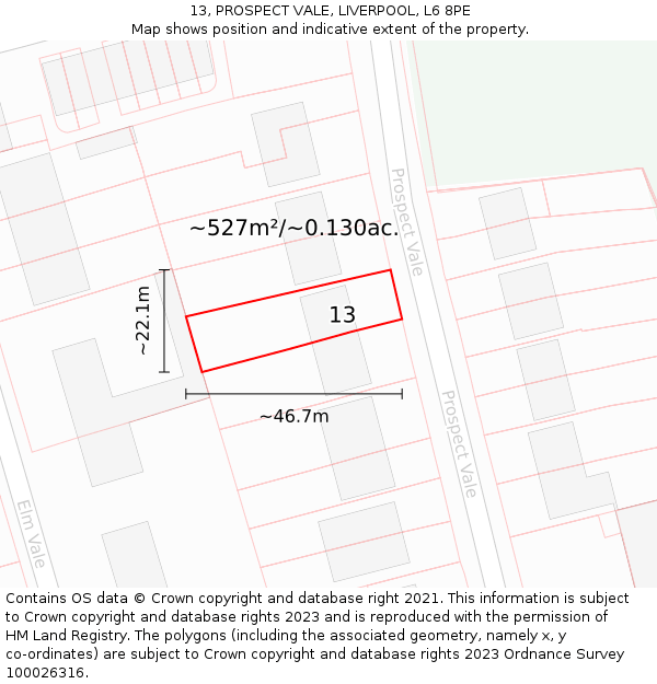 13, PROSPECT VALE, LIVERPOOL, L6 8PE: Plot and title map