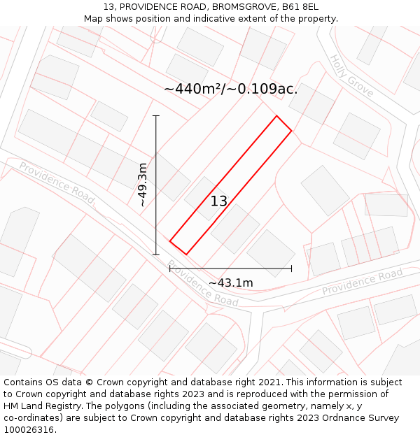 13, PROVIDENCE ROAD, BROMSGROVE, B61 8EL: Plot and title map