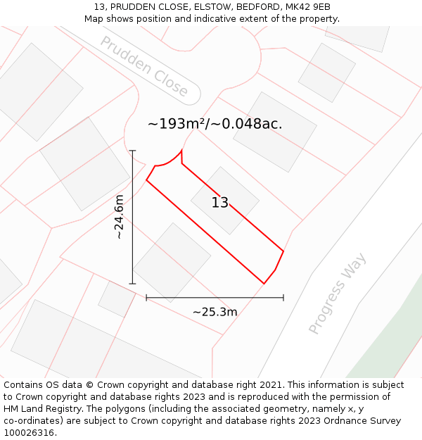 13, PRUDDEN CLOSE, ELSTOW, BEDFORD, MK42 9EB: Plot and title map