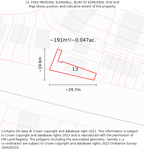 13, PYES MEADOW, ELMSWELL, BURY ST EDMUNDS, IP30 9UF: Plot and title map