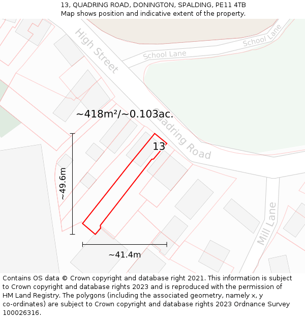 13, QUADRING ROAD, DONINGTON, SPALDING, PE11 4TB: Plot and title map