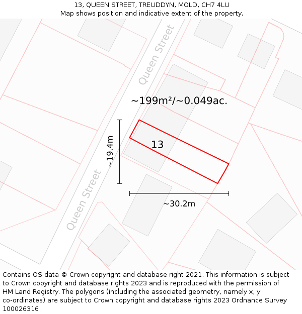 13, QUEEN STREET, TREUDDYN, MOLD, CH7 4LU: Plot and title map