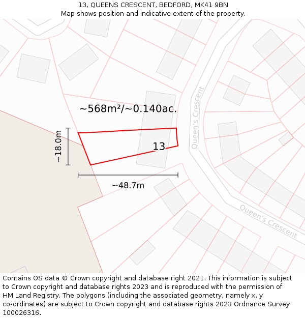 13, QUEENS CRESCENT, BEDFORD, MK41 9BN: Plot and title map