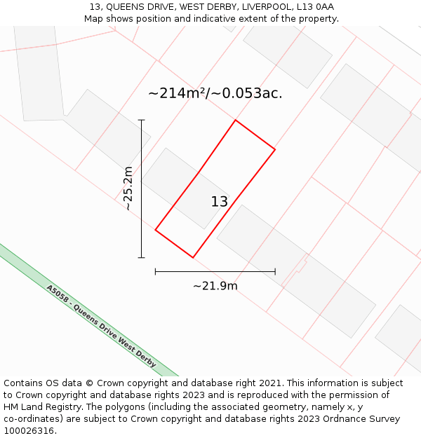 13, QUEENS DRIVE, WEST DERBY, LIVERPOOL, L13 0AA: Plot and title map