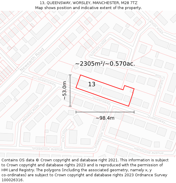 13, QUEENSWAY, WORSLEY, MANCHESTER, M28 7TZ: Plot and title map