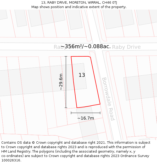 13, RABY DRIVE, MORETON, WIRRAL, CH46 0TJ: Plot and title map