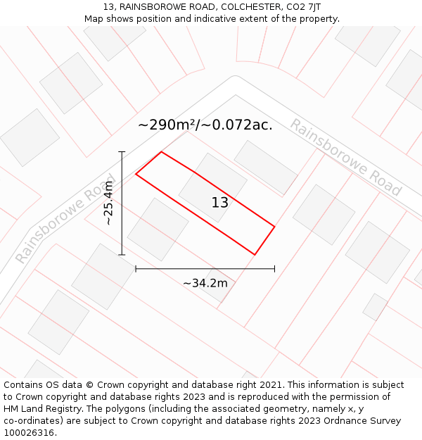 13, RAINSBOROWE ROAD, COLCHESTER, CO2 7JT: Plot and title map