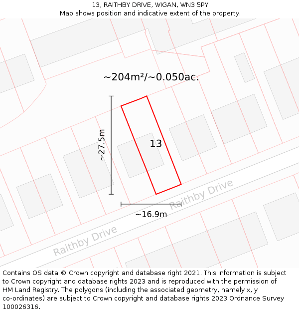 13, RAITHBY DRIVE, WIGAN, WN3 5PY: Plot and title map