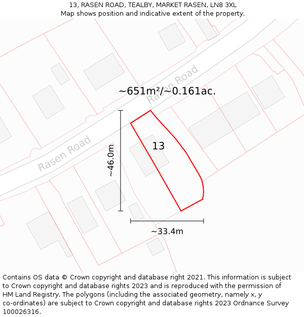 13, RASEN ROAD, TEALBY, MARKET RASEN, LN8 3XL: Plot and title map