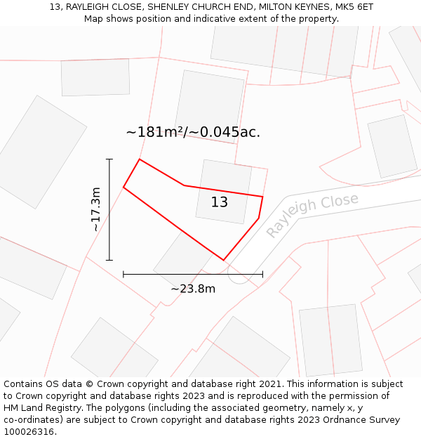 13, RAYLEIGH CLOSE, SHENLEY CHURCH END, MILTON KEYNES, MK5 6ET: Plot and title map