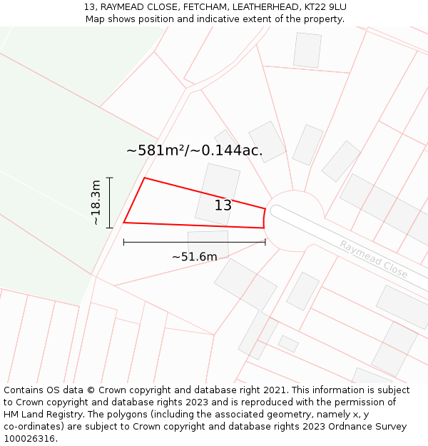 13, RAYMEAD CLOSE, FETCHAM, LEATHERHEAD, KT22 9LU: Plot and title map