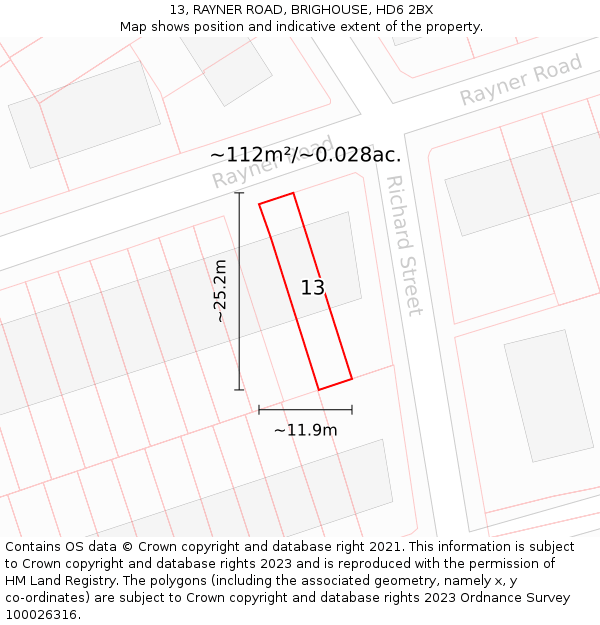 13, RAYNER ROAD, BRIGHOUSE, HD6 2BX: Plot and title map