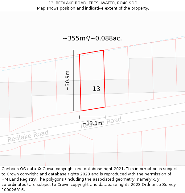 13, REDLAKE ROAD, FRESHWATER, PO40 9DD: Plot and title map