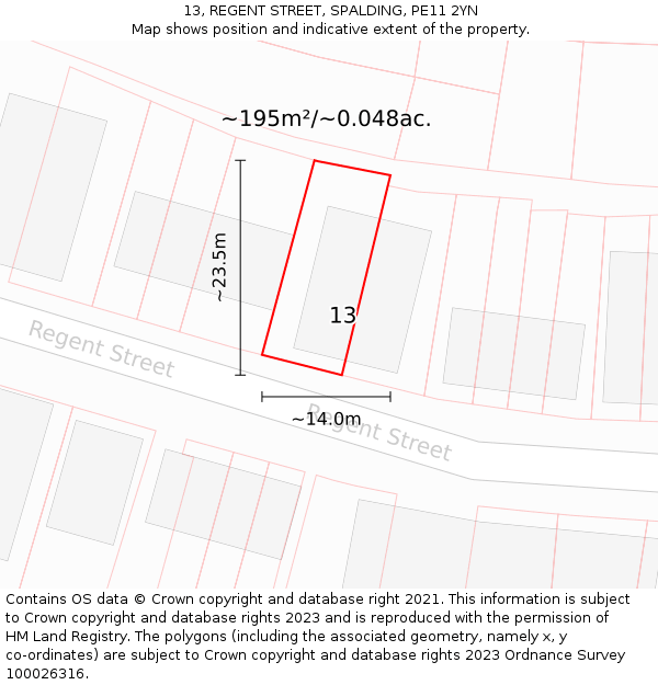 13, REGENT STREET, SPALDING, PE11 2YN: Plot and title map