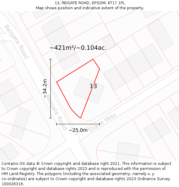 13, REIGATE ROAD, EPSOM, KT17 1PL: Plot and title map