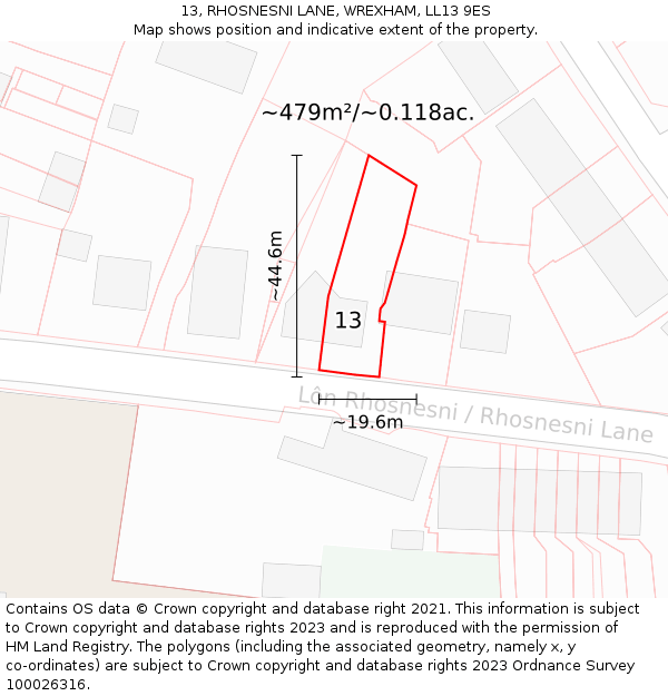 13, RHOSNESNI LANE, WREXHAM, LL13 9ES: Plot and title map