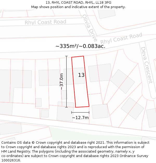 13, RHYL COAST ROAD, RHYL, LL18 3PG: Plot and title map