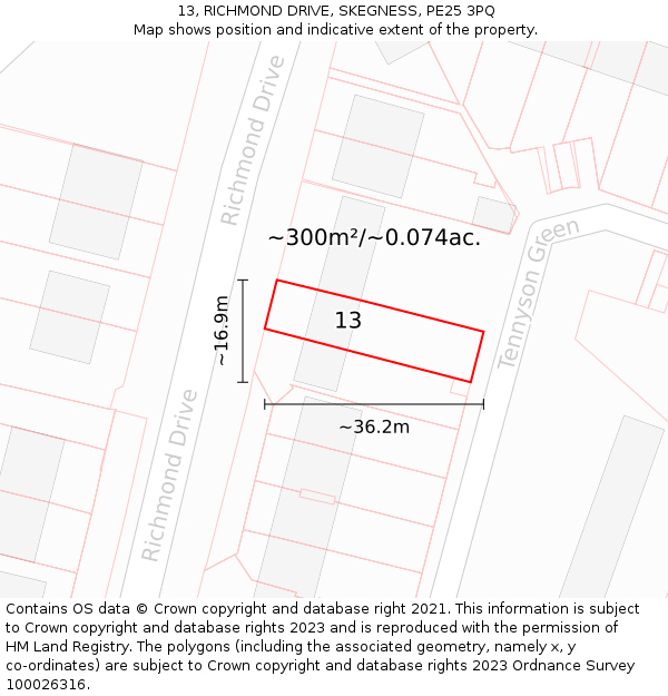 13, RICHMOND DRIVE, SKEGNESS, PE25 3PQ: Plot and title map