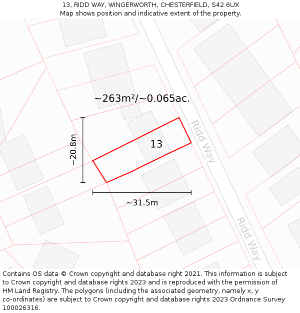 13, RIDD WAY, WINGERWORTH, CHESTERFIELD, S42 6UX: Plot and title map