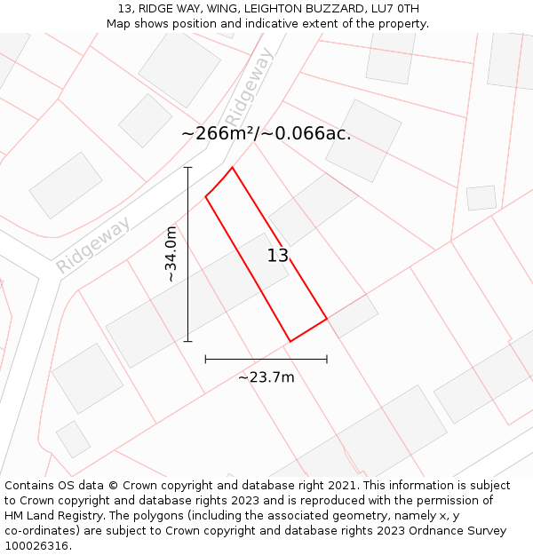 13, RIDGE WAY, WING, LEIGHTON BUZZARD, LU7 0TH: Plot and title map