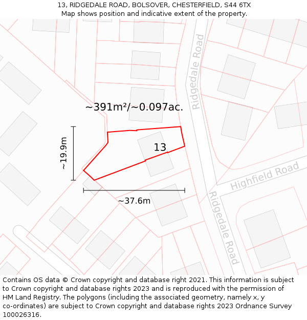 13, RIDGEDALE ROAD, BOLSOVER, CHESTERFIELD, S44 6TX: Plot and title map