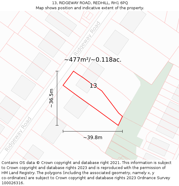 13, RIDGEWAY ROAD, REDHILL, RH1 6PQ: Plot and title map