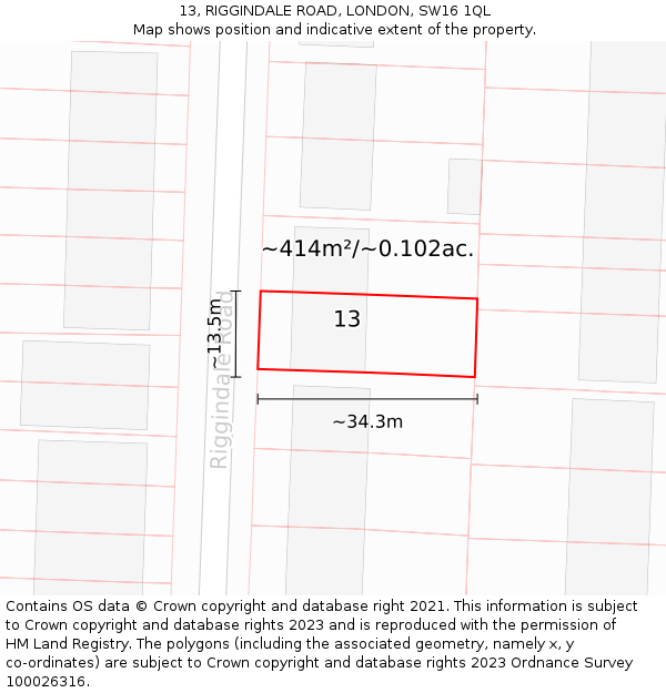 13, RIGGINDALE ROAD, LONDON, SW16 1QL: Plot and title map
