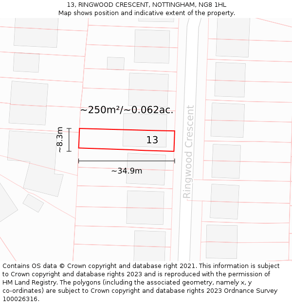 13, RINGWOOD CRESCENT, NOTTINGHAM, NG8 1HL: Plot and title map