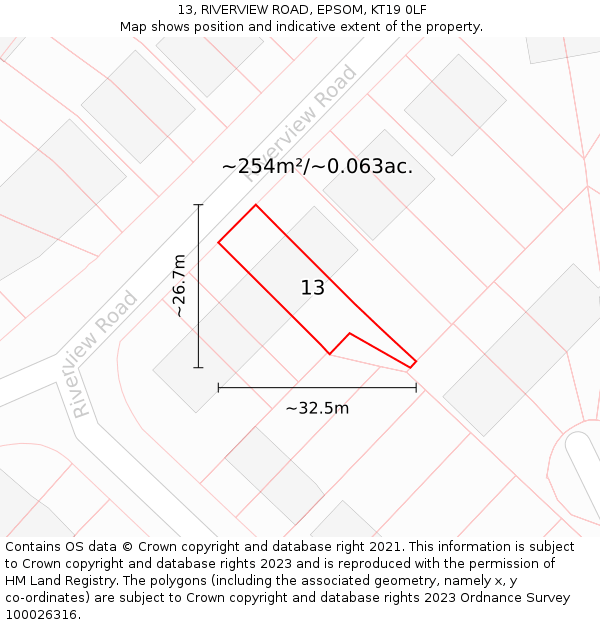 13, RIVERVIEW ROAD, EPSOM, KT19 0LF: Plot and title map