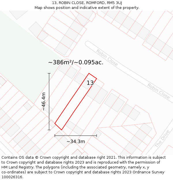 13, ROBIN CLOSE, ROMFORD, RM5 3UJ: Plot and title map