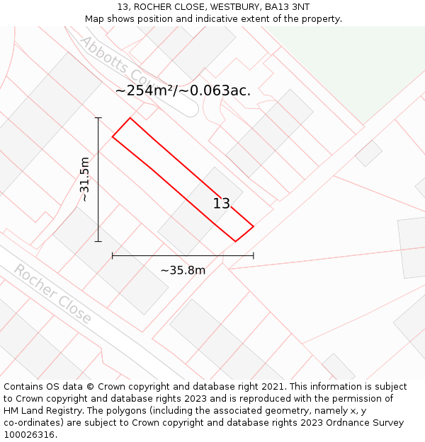 13, ROCHER CLOSE, WESTBURY, BA13 3NT: Plot and title map
