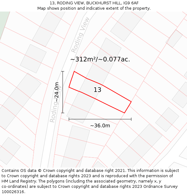 13, RODING VIEW, BUCKHURST HILL, IG9 6AF: Plot and title map