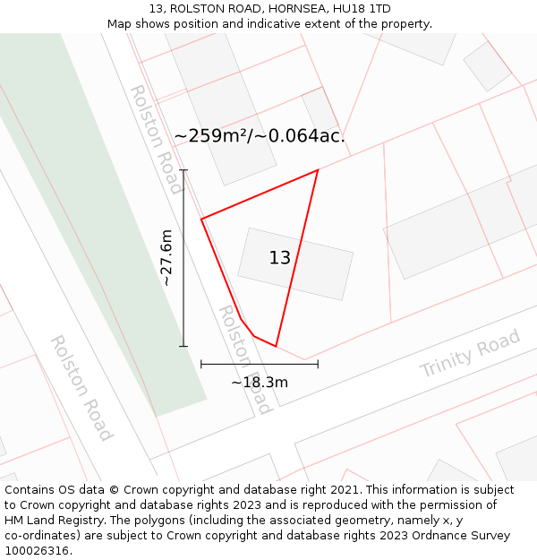 13, ROLSTON ROAD, HORNSEA, HU18 1TD: Plot and title map