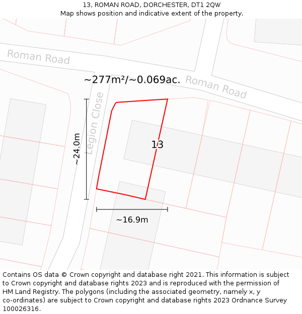 13, ROMAN ROAD, DORCHESTER, DT1 2QW: Plot and title map