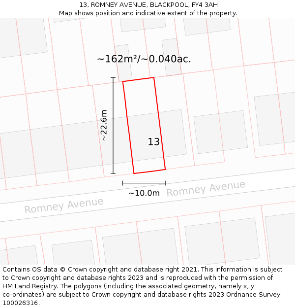 13, ROMNEY AVENUE, BLACKPOOL, FY4 3AH: Plot and title map