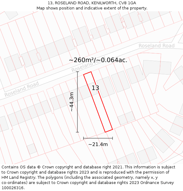 13, ROSELAND ROAD, KENILWORTH, CV8 1GA: Plot and title map