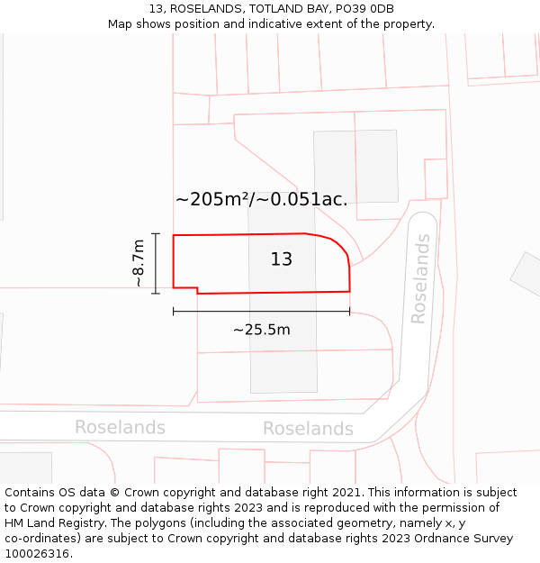 13, ROSELANDS, TOTLAND BAY, PO39 0DB: Plot and title map