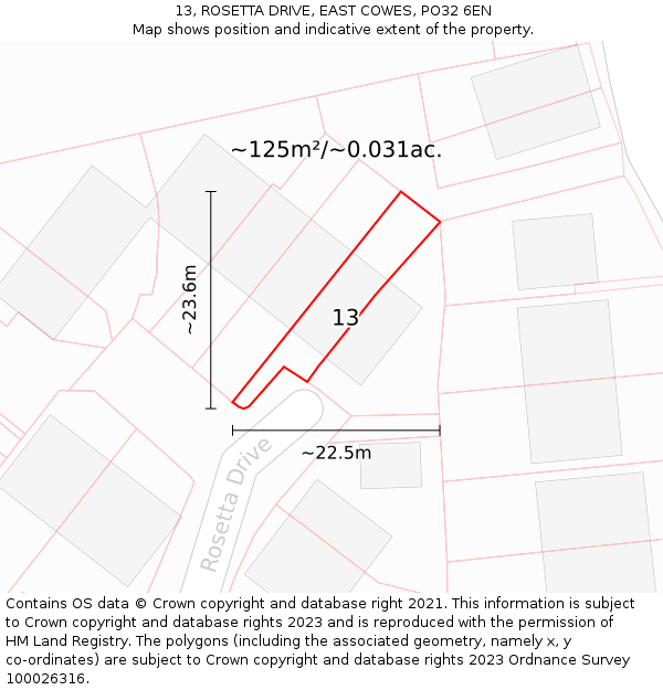 13, ROSETTA DRIVE, EAST COWES, PO32 6EN: Plot and title map