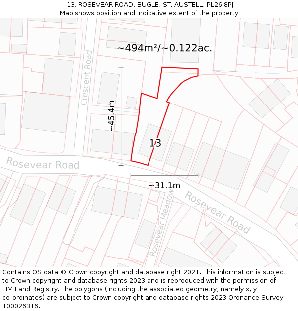 13, ROSEVEAR ROAD, BUGLE, ST. AUSTELL, PL26 8PJ: Plot and title map