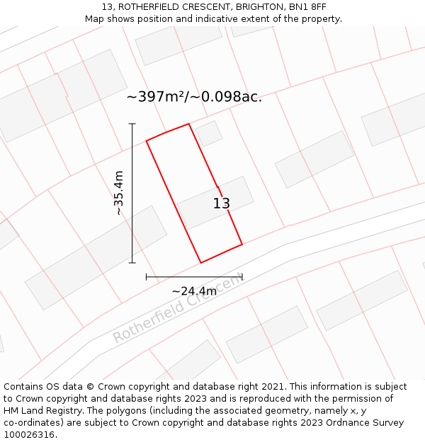 13, ROTHERFIELD CRESCENT, BRIGHTON, BN1 8FF: Plot and title map