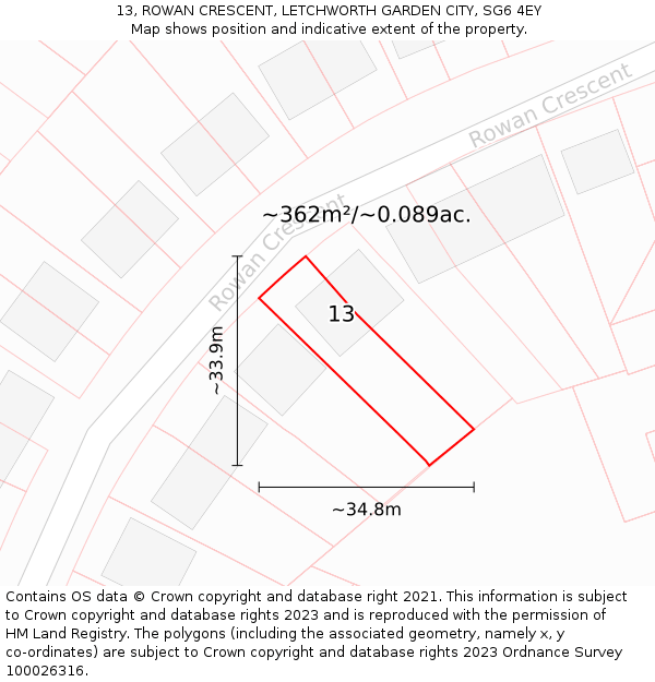 13, ROWAN CRESCENT, LETCHWORTH GARDEN CITY, SG6 4EY: Plot and title map