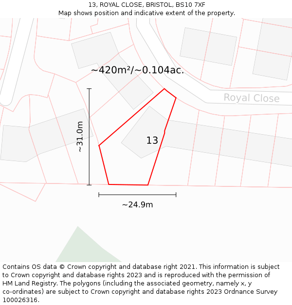 13, ROYAL CLOSE, BRISTOL, BS10 7XF: Plot and title map